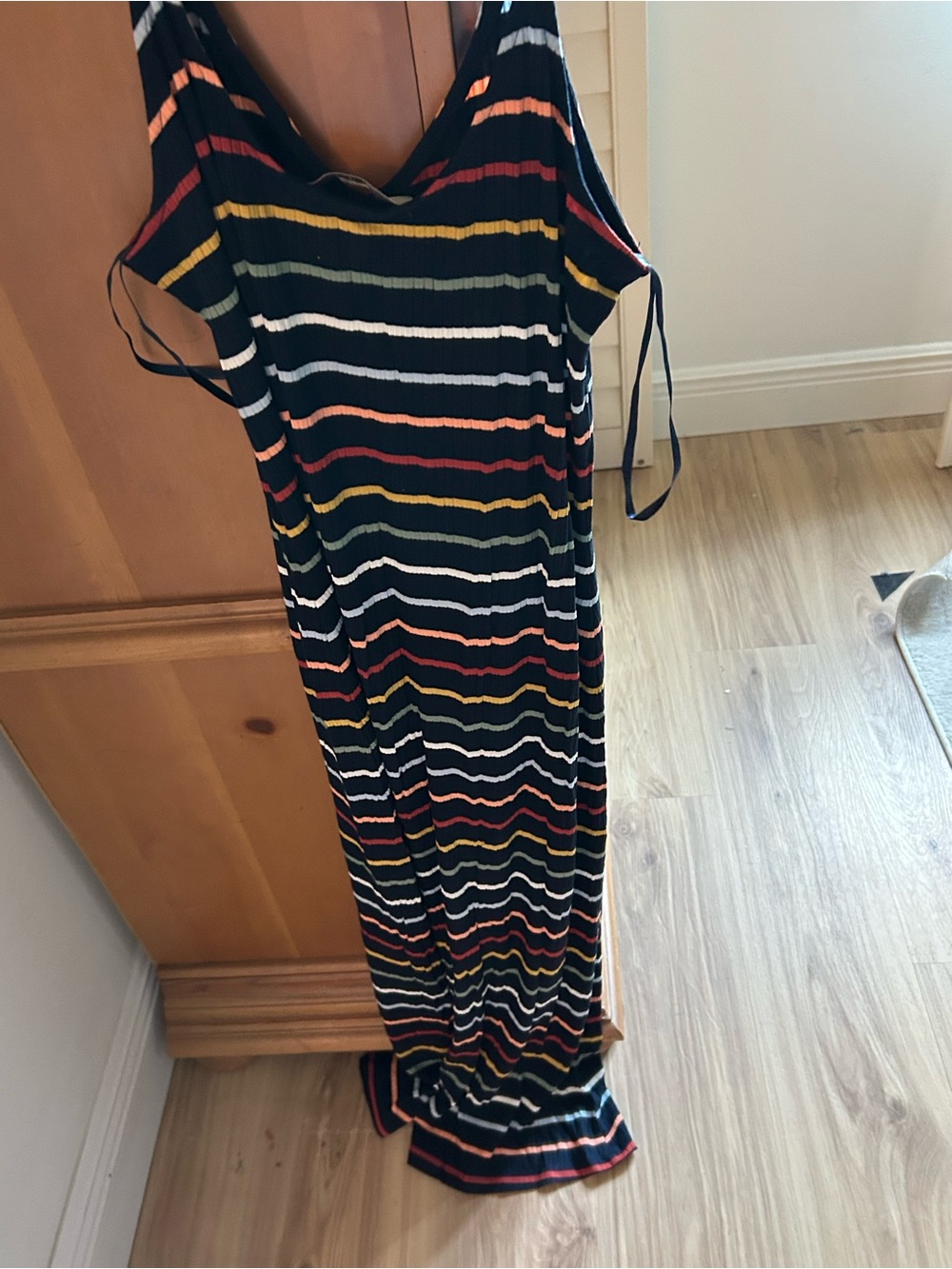 LOFT Black Midi Dress with White, Red, Orange & Olive Stripes - Picture 4 of 4
